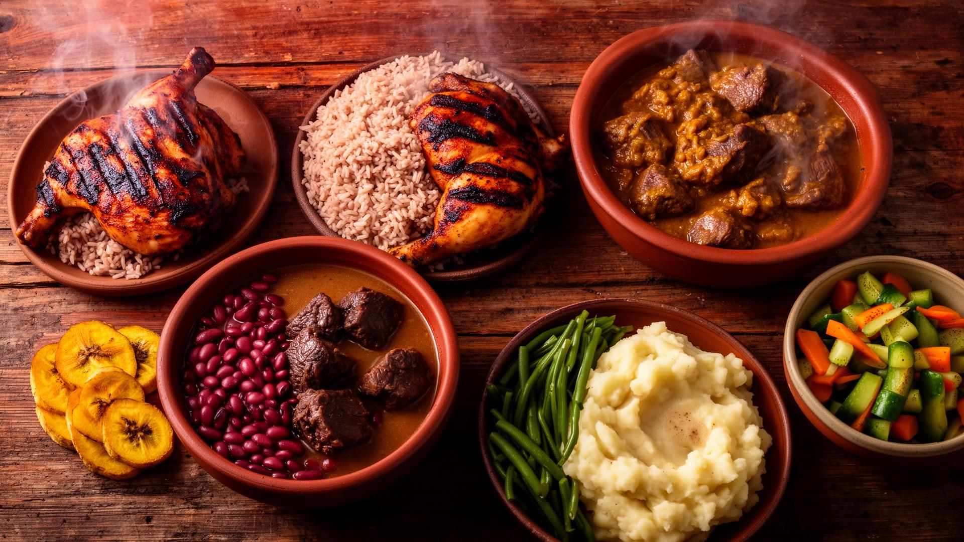 A warm spread of homemade jerk chicken, oxtail, curry goat, rice and beans, plantains and vegetables